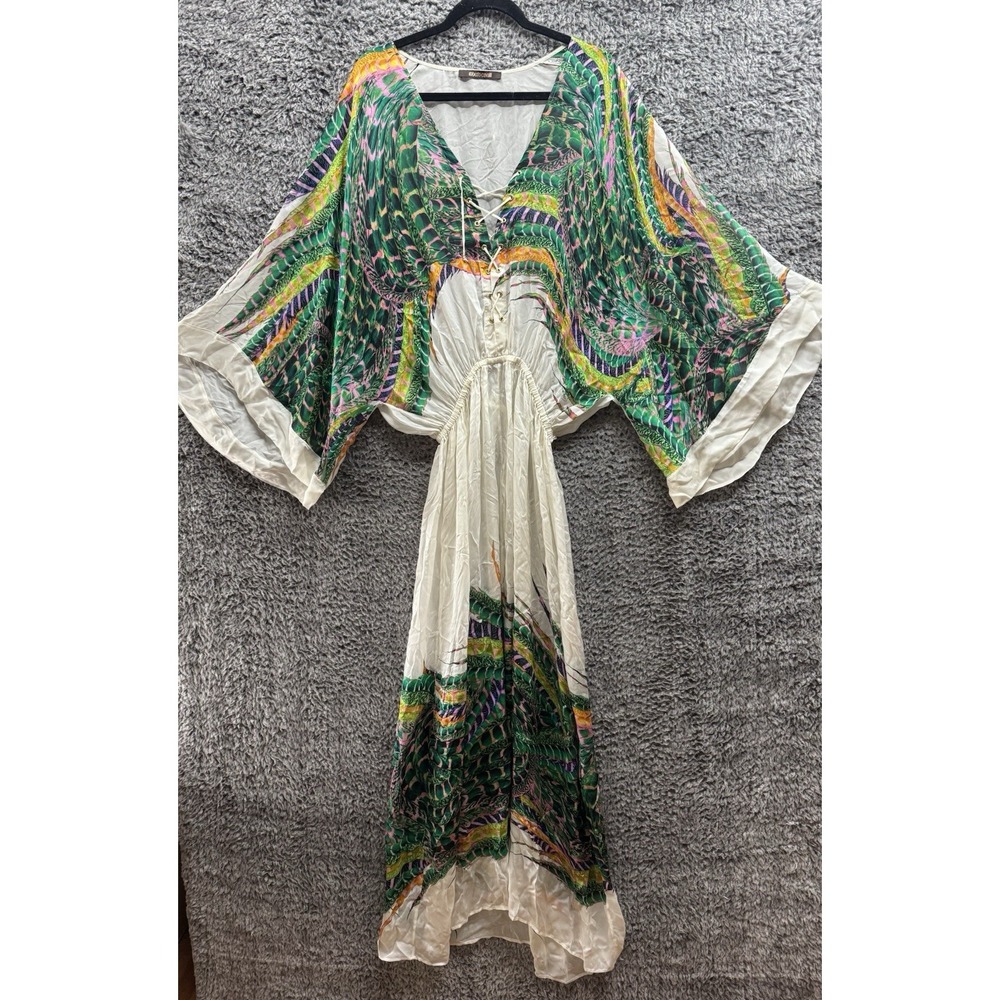 Roberto Cavalli Green White Sheer Feather Print Silk Front Slit Dress Cover Up